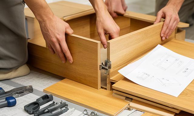 Installer fitting cabinet panels together beside a clear instruction sheet in a Singapore apartment