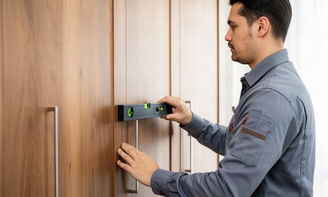 Installer checking the level and door alignment of a newly assembled wooden wardrobe in a finished room