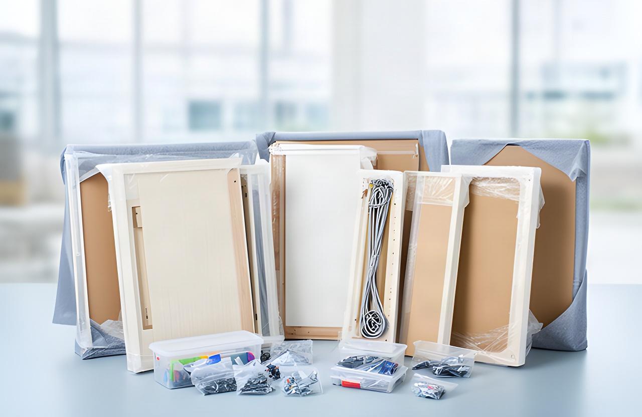 Furniture panels grouped and wrapped for a Singapore home move, with labelled hardware bags set beside them