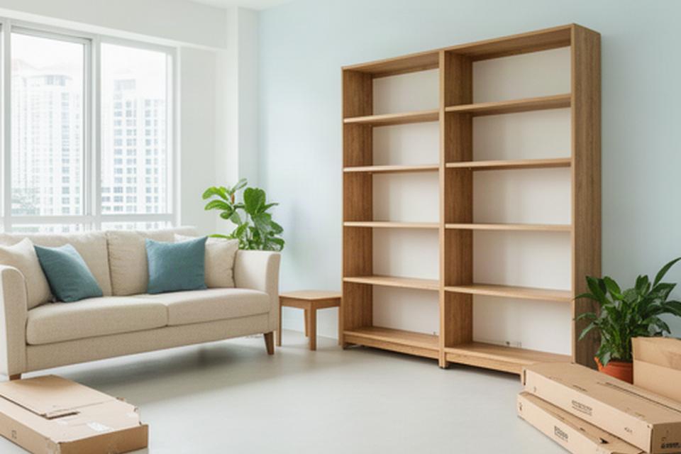 Bright Singapore living room after flat-pack furniture assembly, with a level shelving unit, clear floor and flattened cartons ready for removal