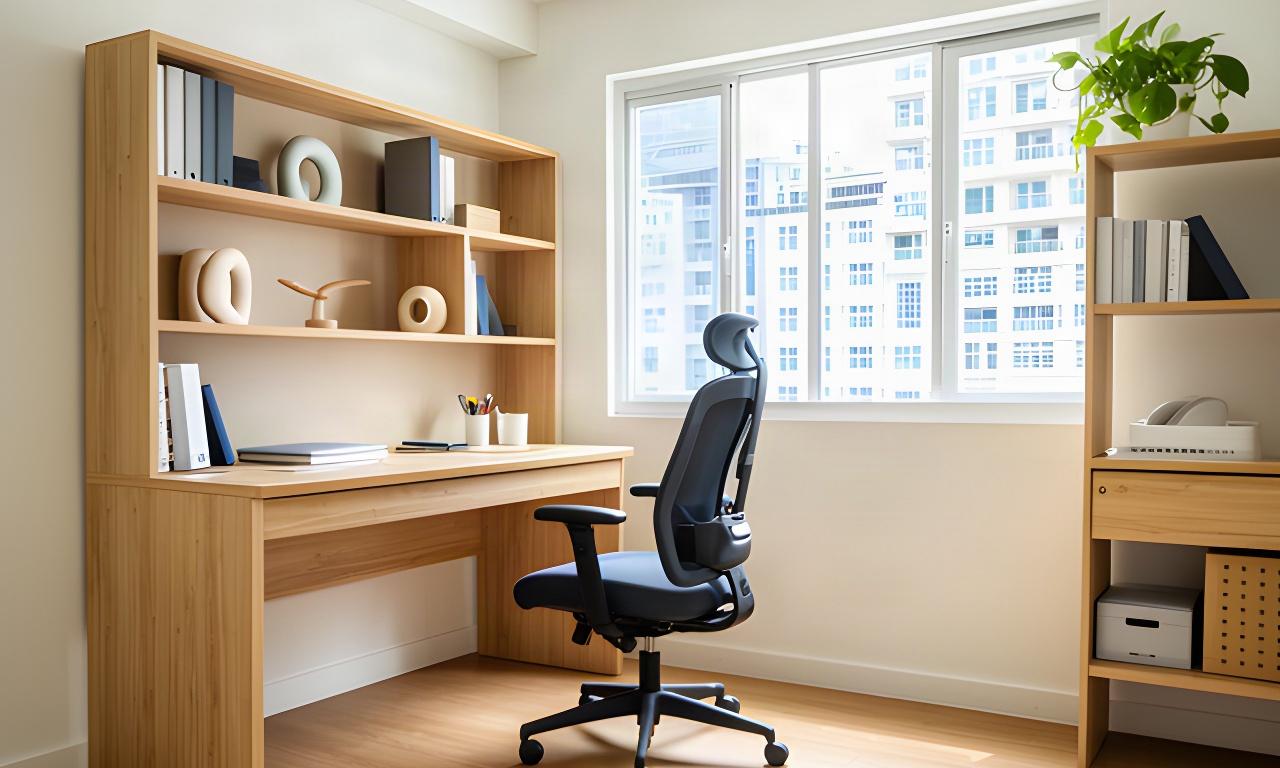 Bright Singapore home office with an assembled timber desk, adjustable chair and compact shelves beside a window