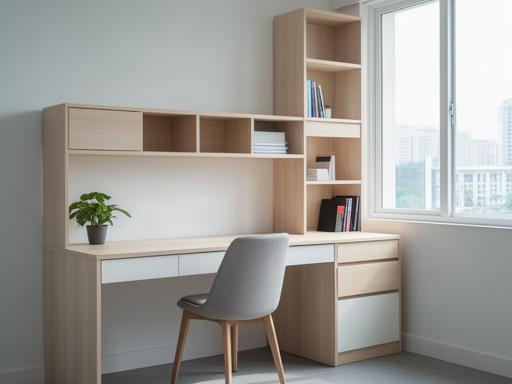 Light timber home-office desk and shelving assembled beside a window