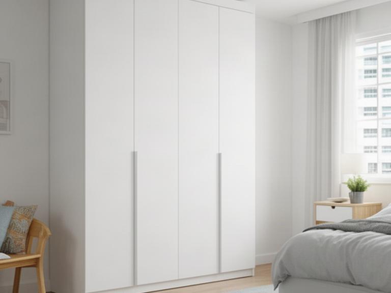 Tall white wardrobe with aligned doors assembled in a bright Singapore bedroom