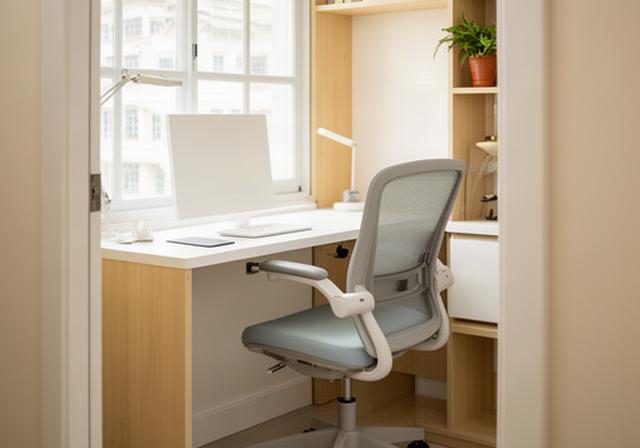 Flat-pack home office desk and chair assembled beside a window in a compact Singapore study