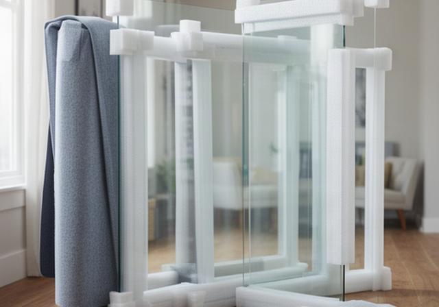 Glass furniture panels wrapped with protective padding before they are moved through a home