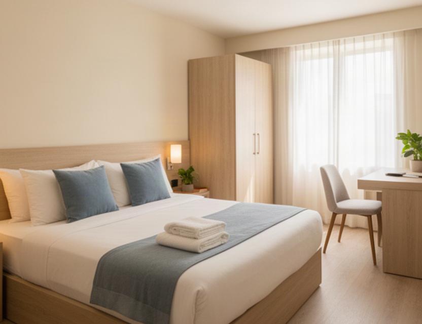 Freshly assembled bed, wardrobe and compact study desk in a bright serviced apartment prepared for guest turnover